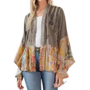 Young Threads Multi Color Boho Patchwork Embroidered Bell SleeveTop Size XS NWT